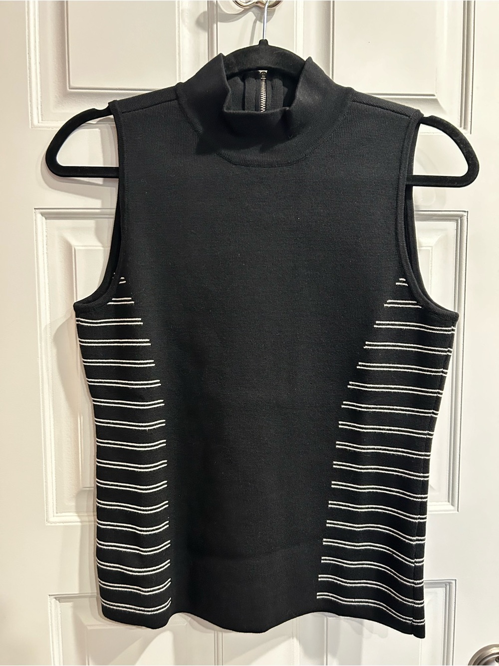 White House Black Market Black Sleeveless Mock Neck Tank with White Side Stripes